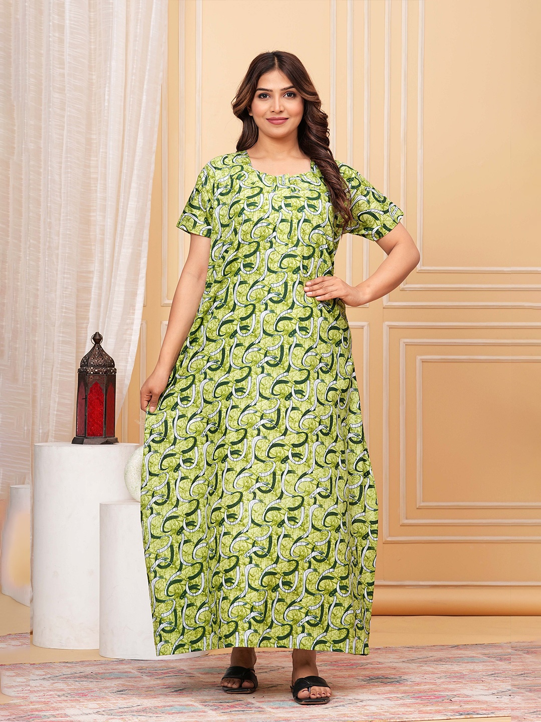 

JVSP FASHION Abstract Printed Pure Cotton Maxi Nightdress, Green