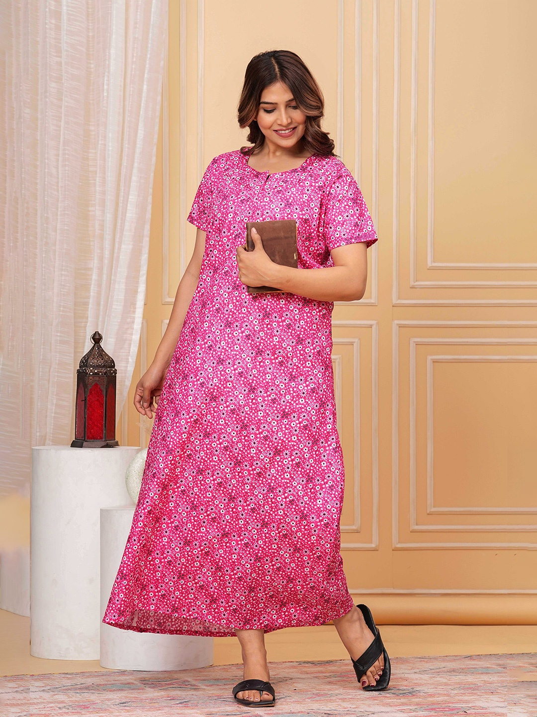 

JVSP FASHION Floral Printed Pure Cotton Maxi Nightdress, Pink