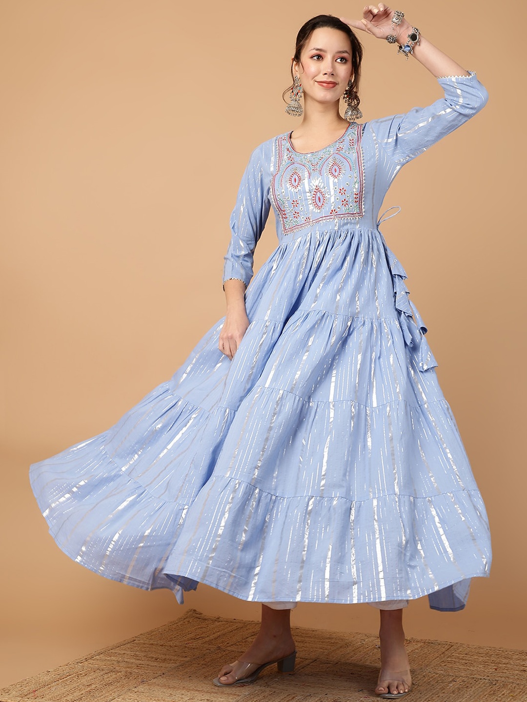 

GLAM ROOTS Round Neck Ethnic Motifs Striped Thread Work Cotton Tiering Anarkali Kurta, Blue