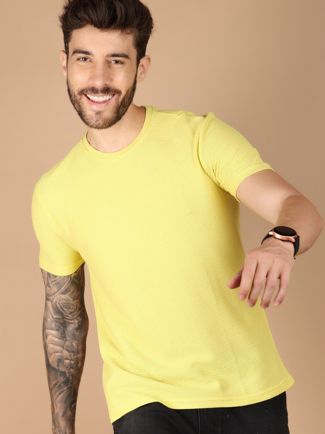 

V-Mart Self Design Round Neck Slim Fit T-shirt, Yellow