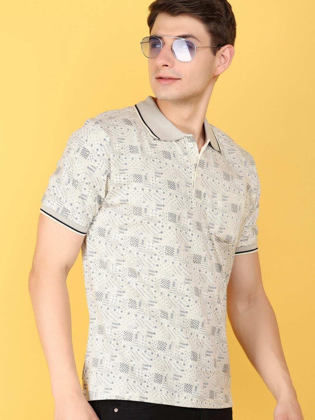 

V-Mart Floral Printed Polo Collar Cotton T-shirt, White