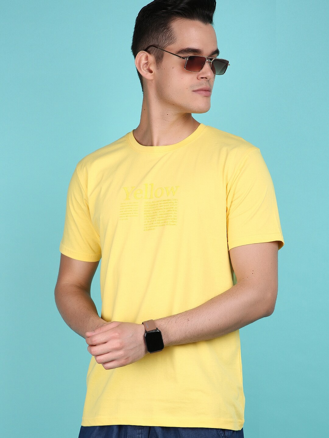 

V-Mart Round Neck Typography Printed Cotton Slim Fit T-shirt, Yellow