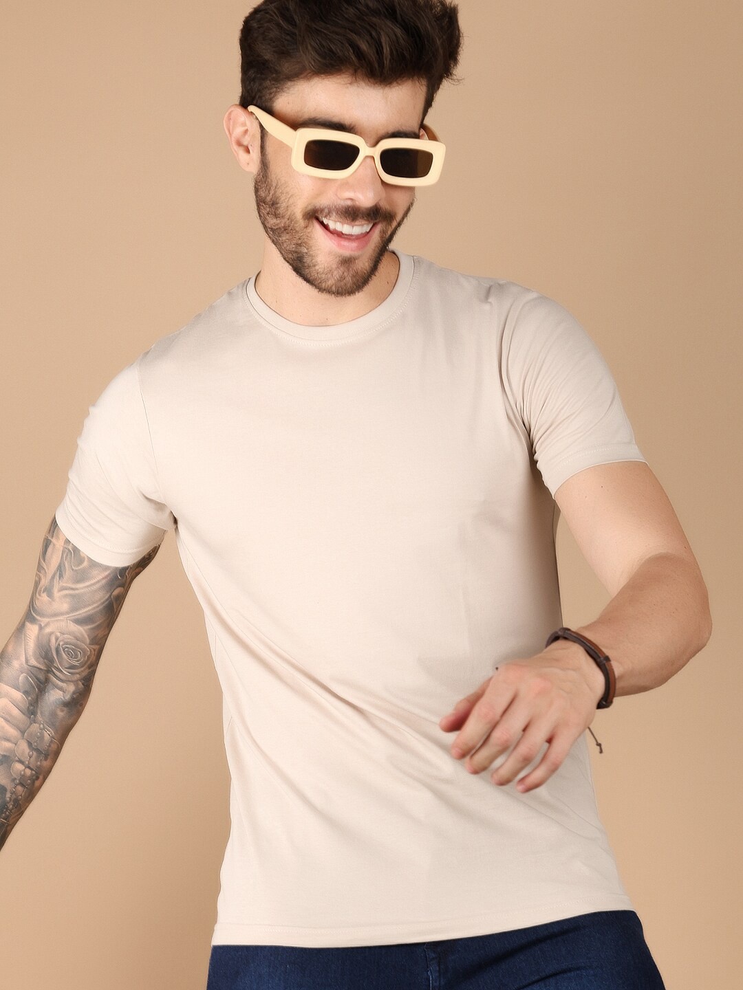 

V-Mart Round Nek Short Sleeves Slim Fit Cotton Casual T-shirt, Beige