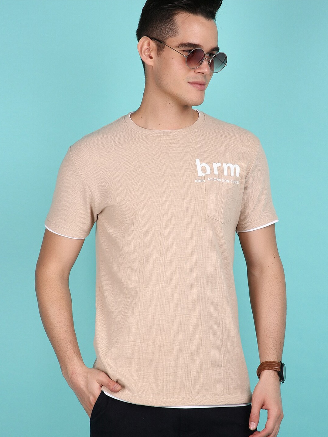 

V-Mart Self Design Round Neck Short Sleeves Casual T-shirt, Beige