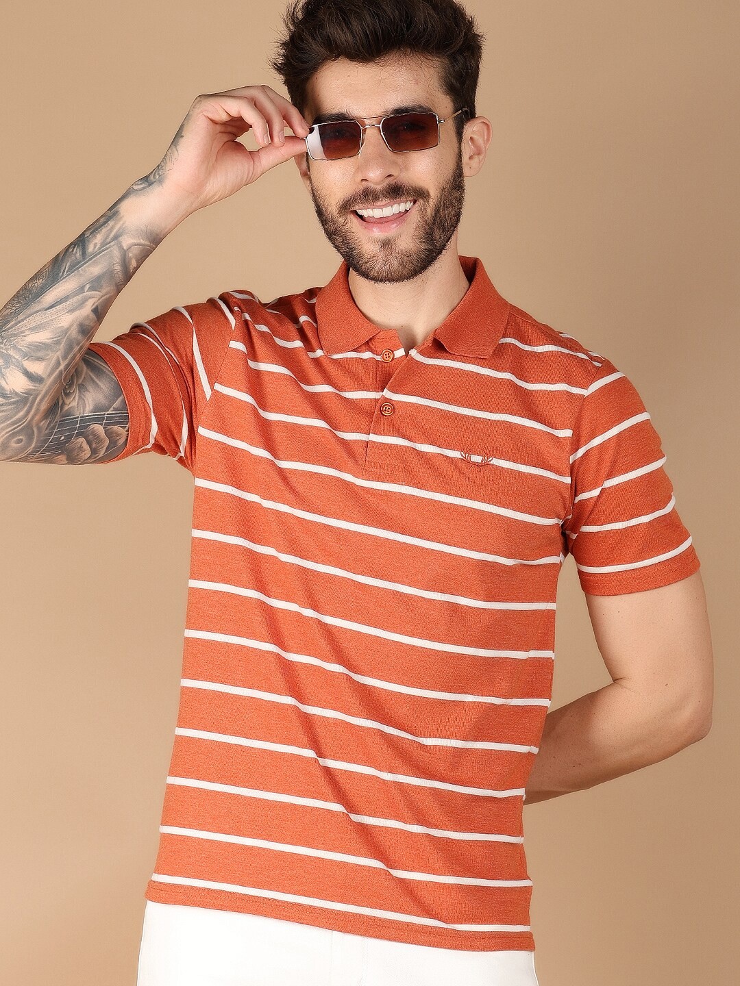 

V-Mart Striped Polo Collar Short Sleeves Slim Fit T-shirt, Rust
