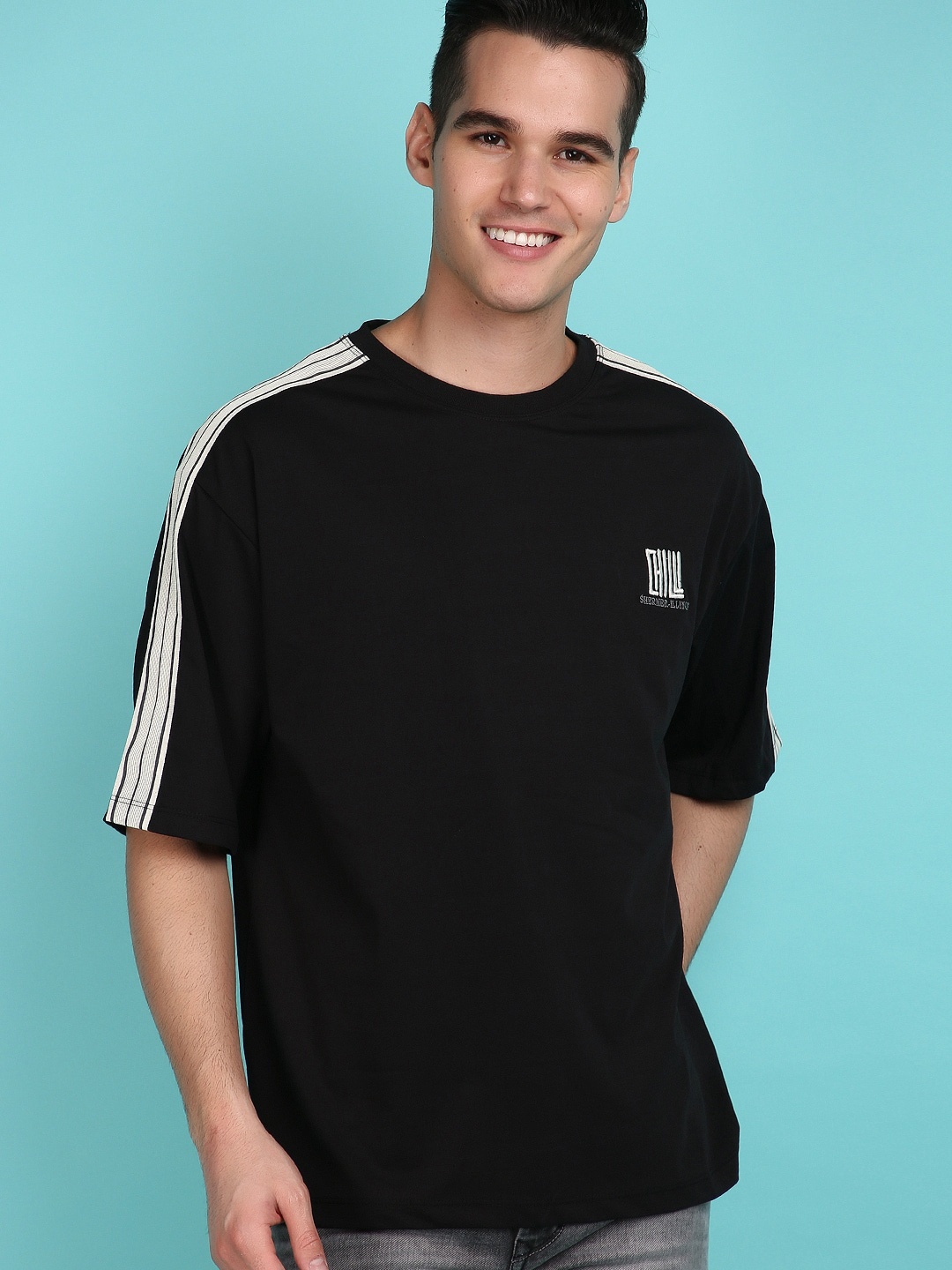 

V-Mart round Neck Drop-Shoulder Sleeves Cotton Casual T-shirt, Black