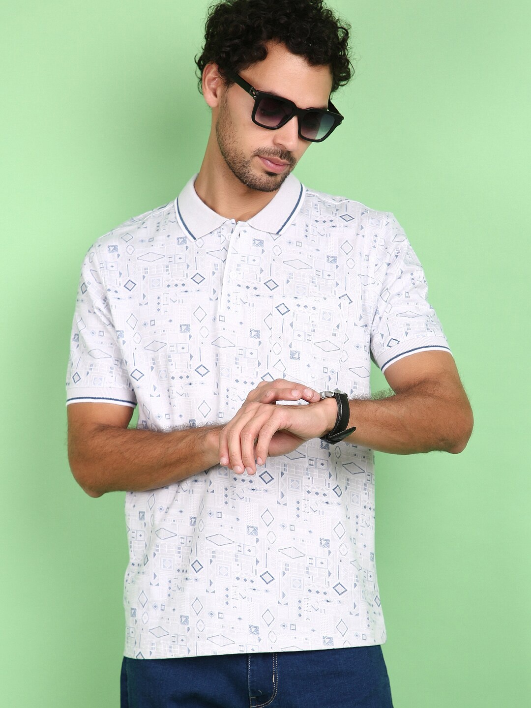 

V-Mart Geometric Printed Polo Collar Cotton Casual T-shirt, White
