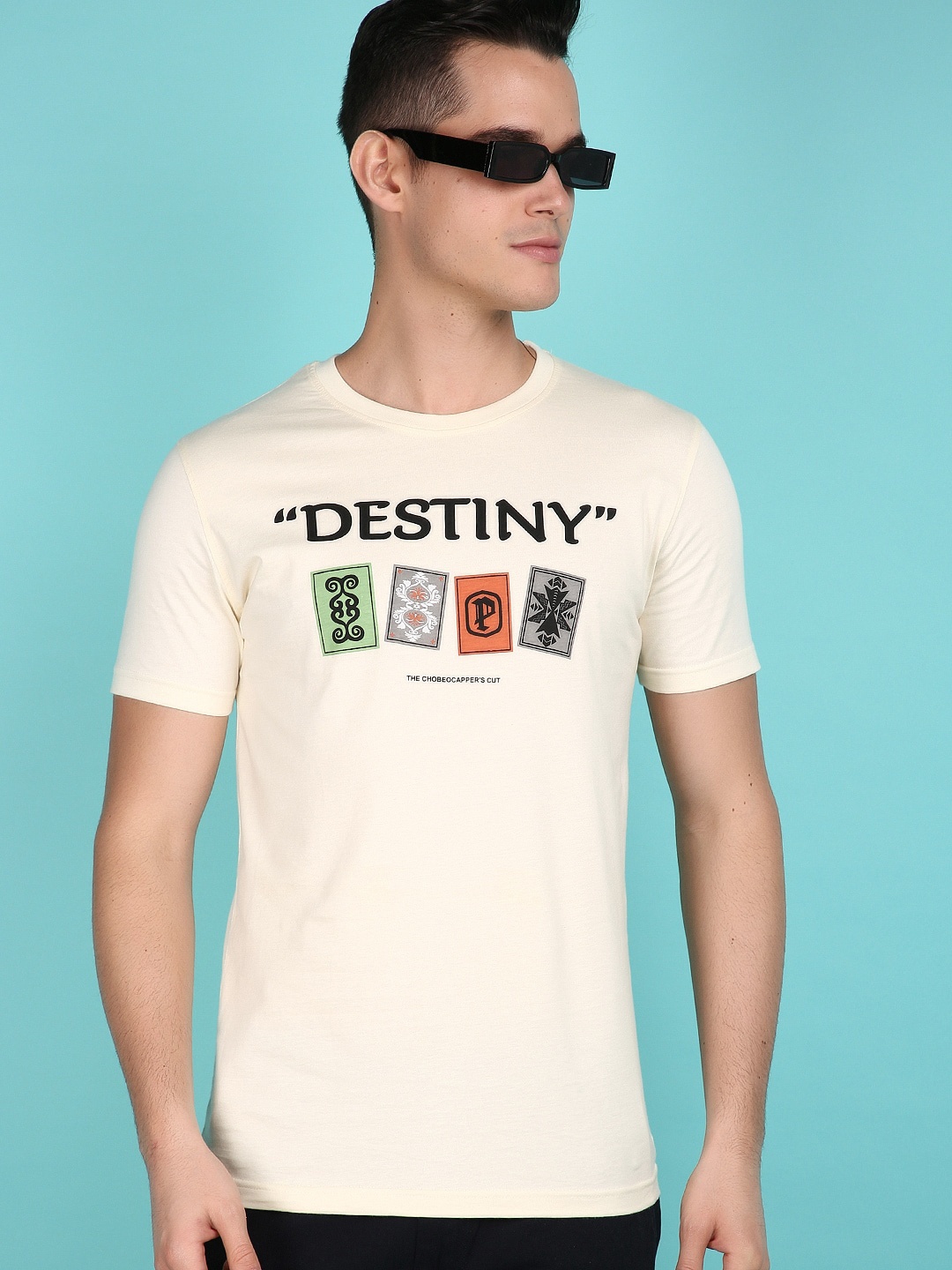 

V-Mart Round Neck Typography Printed Cotton Slim Fit T-shirt, Off white