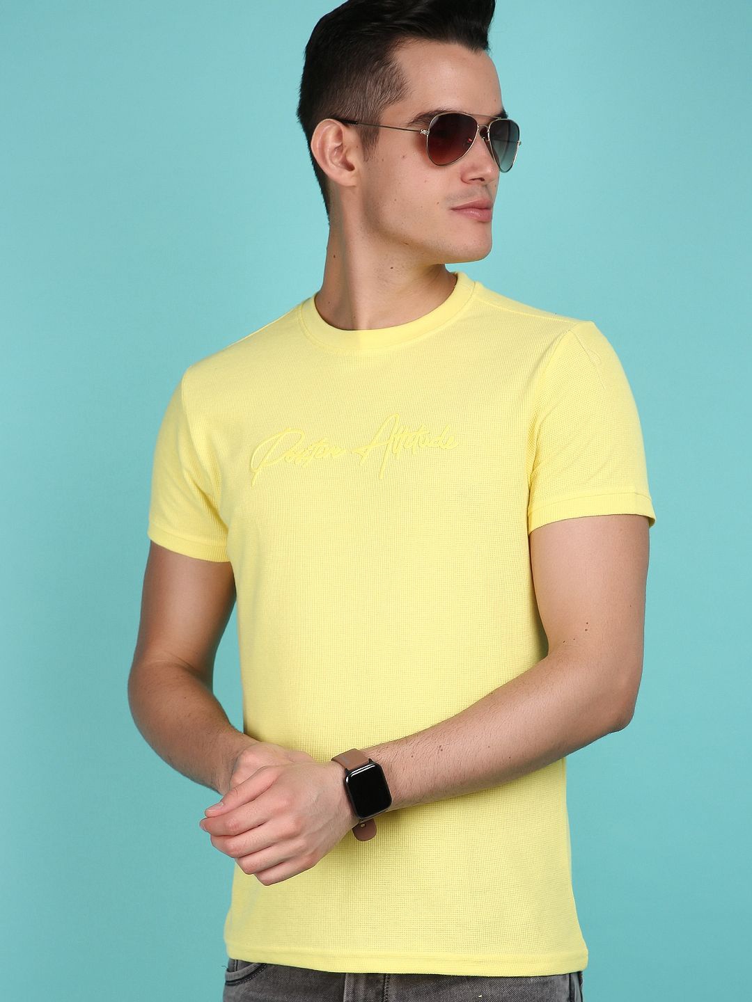 V-Mart Round Neck Short Sleeves Printed Slim Fit T-shirt, Yellow