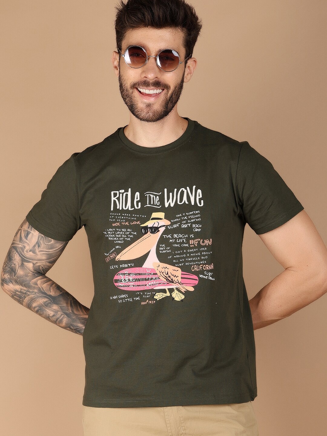 V-Mart Typography Printed Cotton Slim Fit Casual T-shirt, Green