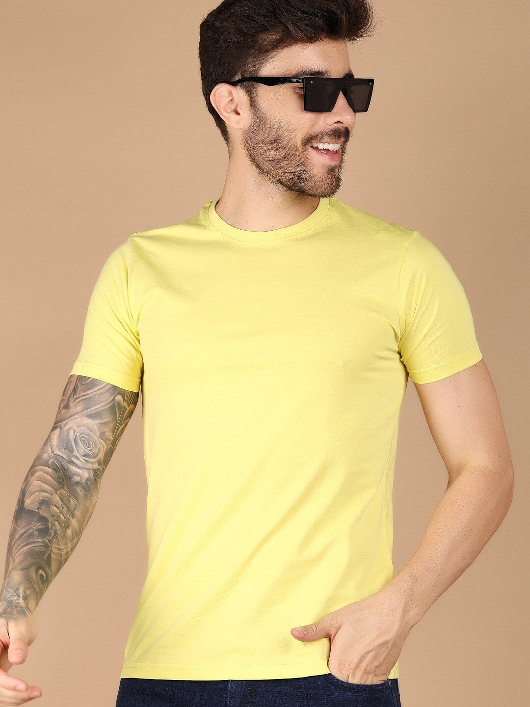 

V-Mart Round Neck Short Sleeves Cotton Slim Fit Casual T-shirt, Yellow