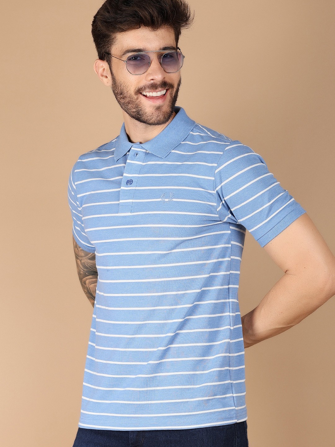 

V-Mart Striped Polo Collar Short Sleeves Cotton Slim Fit T-shirt, Blue