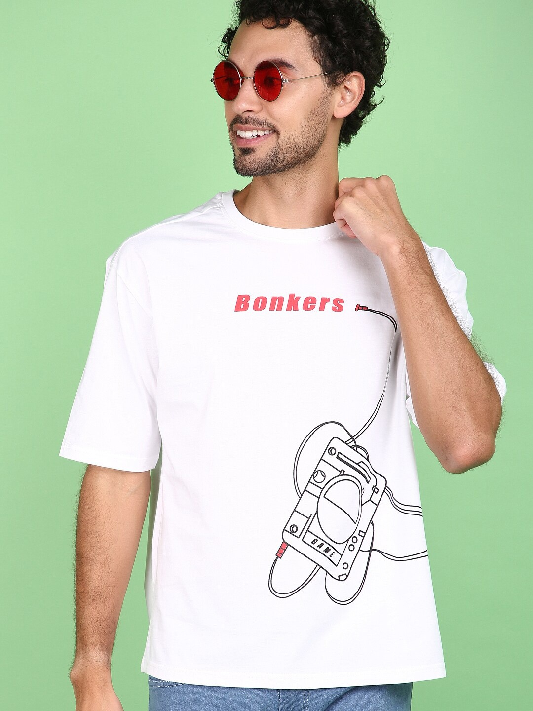 V-Mart Graphic Printed Drop-Shoulder Sleeves Cotton Casual T-shirt, White