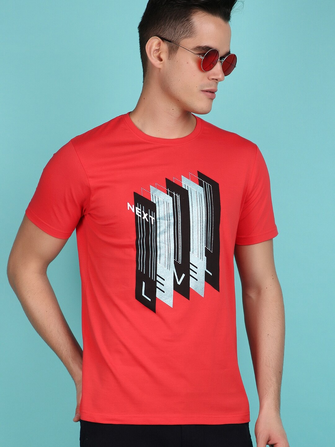 

V-Mart Graphic Printed Round Neck Cotton Slim Fit T-shirt, Red