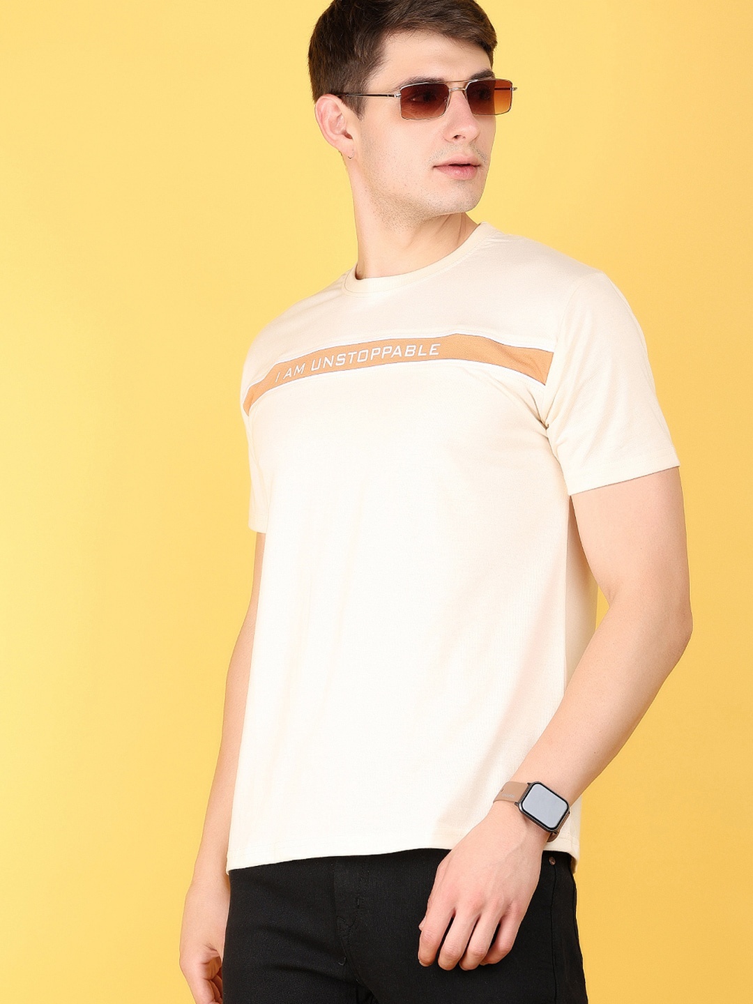 

V-Mart Round Neck Short Sleeves Typography Printed T-shirt, Beige