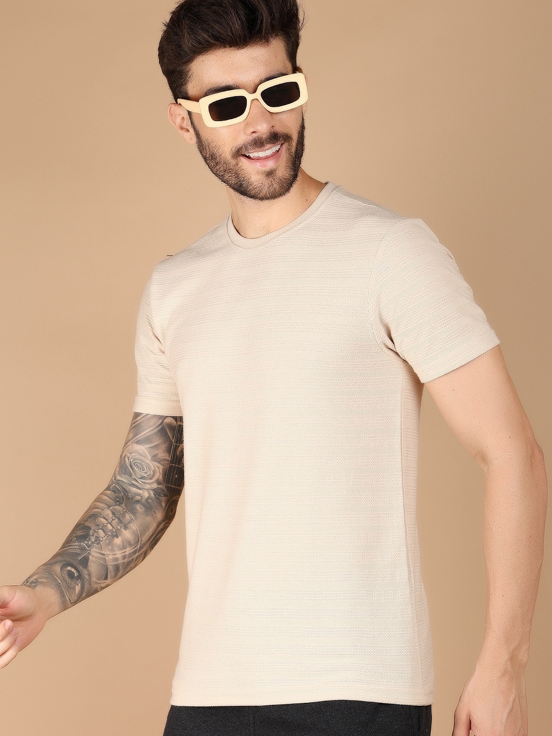 

V-Mart Self Design Round Neck Short Sleeves Slim Fit Casual T-shirt, Beige