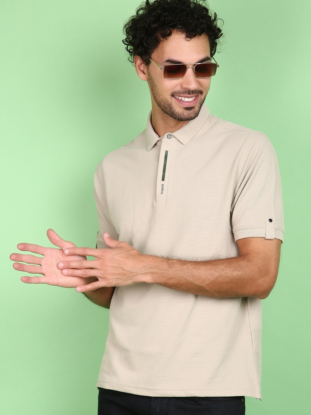 

V-Mart Polo Collar Roll-Up Sleeves Cotton Casual T-shirt, Beige