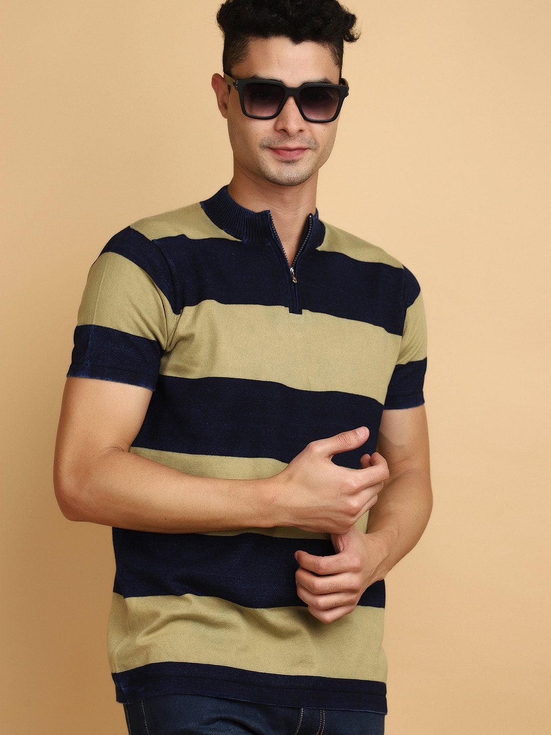 

V-Mart Striped Henley Neck Short Sleeves Cotton Casual T-shirt, Navy blue