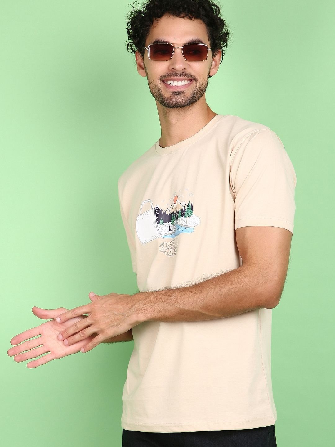 

V-Mart Graphic Printed Round Neck Cotton Slim Fit T-shirt, Beige