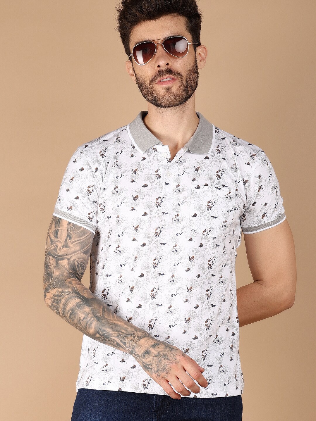 

V-Mart Floral Printed Polo Collar Cotton Casual T-shirt, White