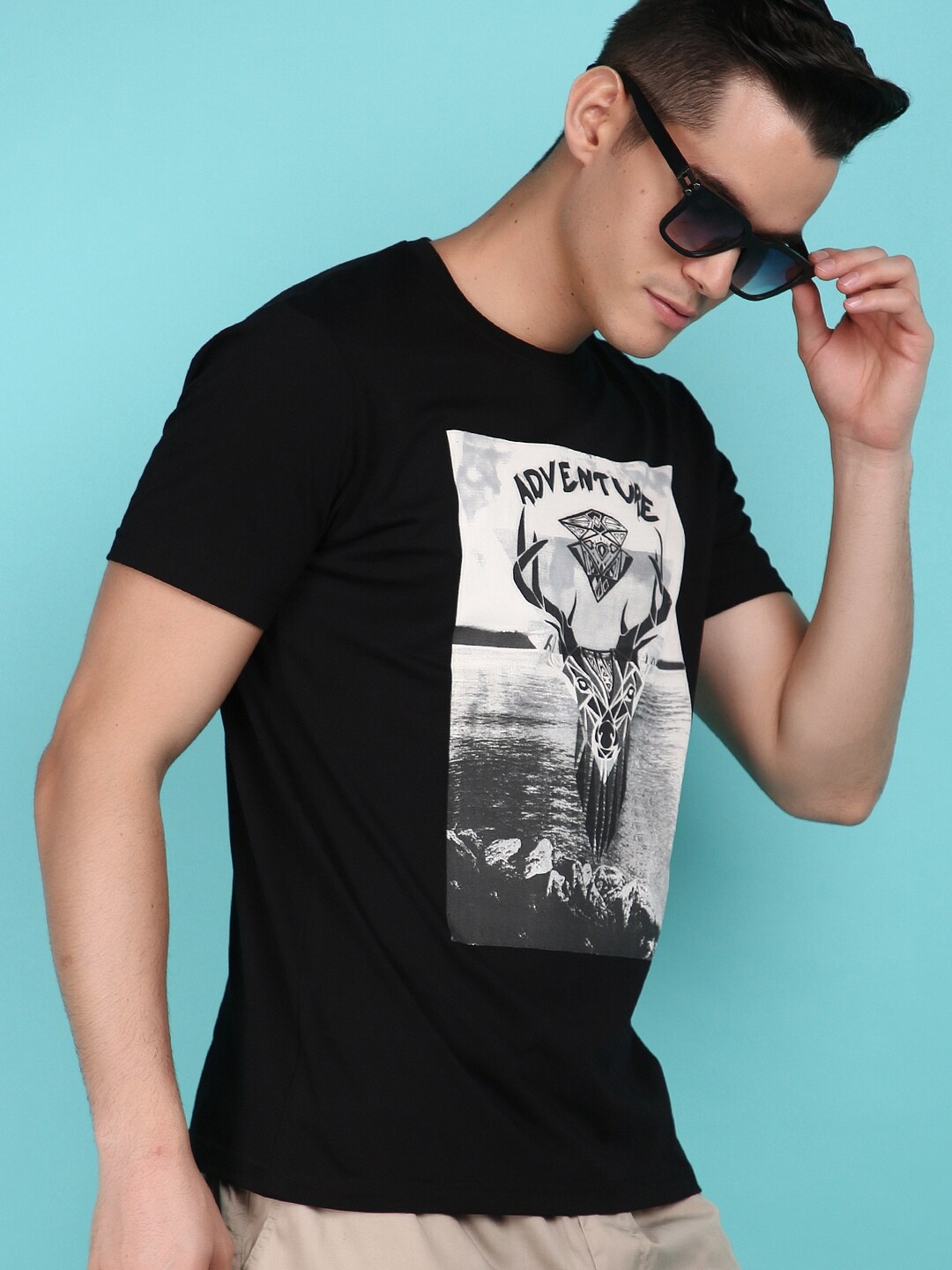 

V-Mart Round Neck Printed Slim Fit Cotton T-shirt, Black