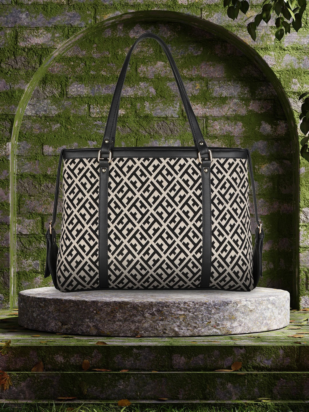 

MINI WESST Geometric Printed Oversized Structured Shoulder Bag, Beige