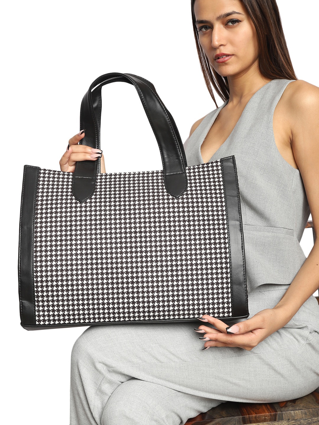 

MINI WESST Checked Structured Tote Bag, Black