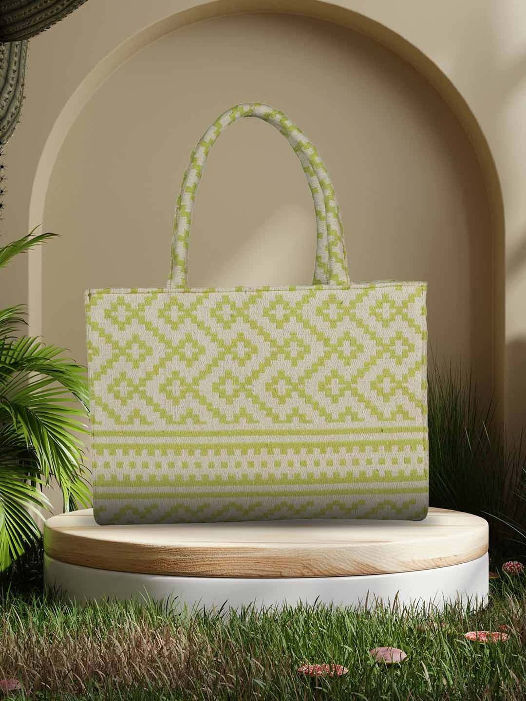 

MINI WESST Geometric Printed Oversized Structured Tote Bag, Green
