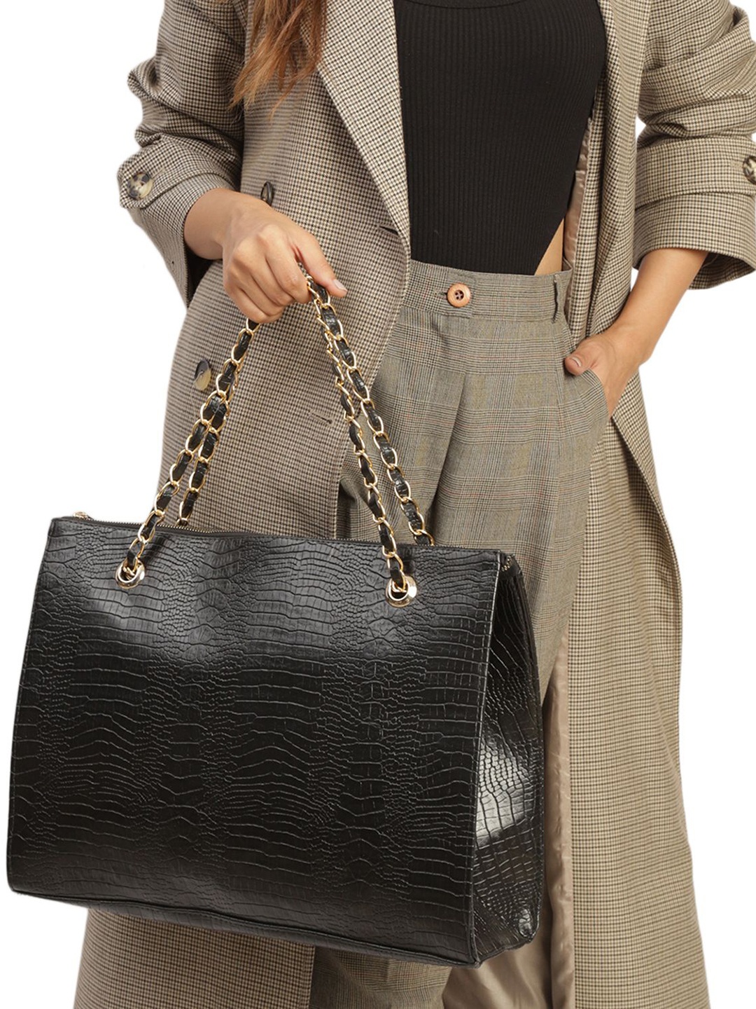 

MINI WESST Animal Textured Swagger Tote Bag, Black