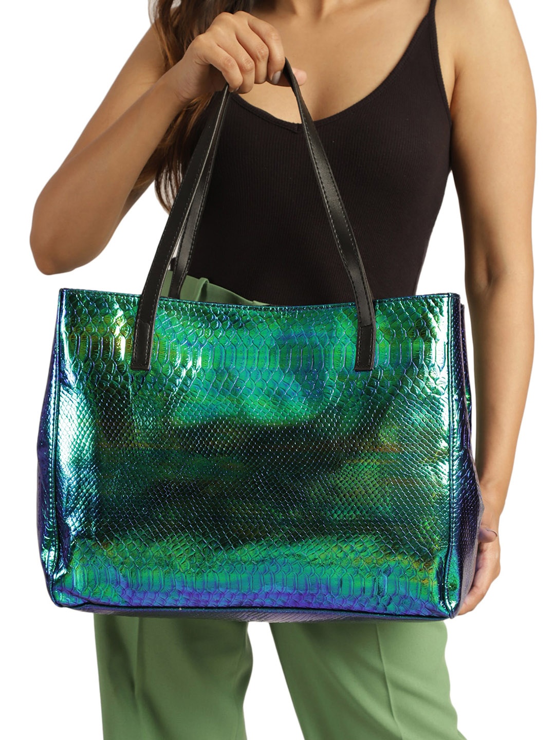 

MINI WESST Printed Oversized Shopper Shoulder Bag with Applique, Green