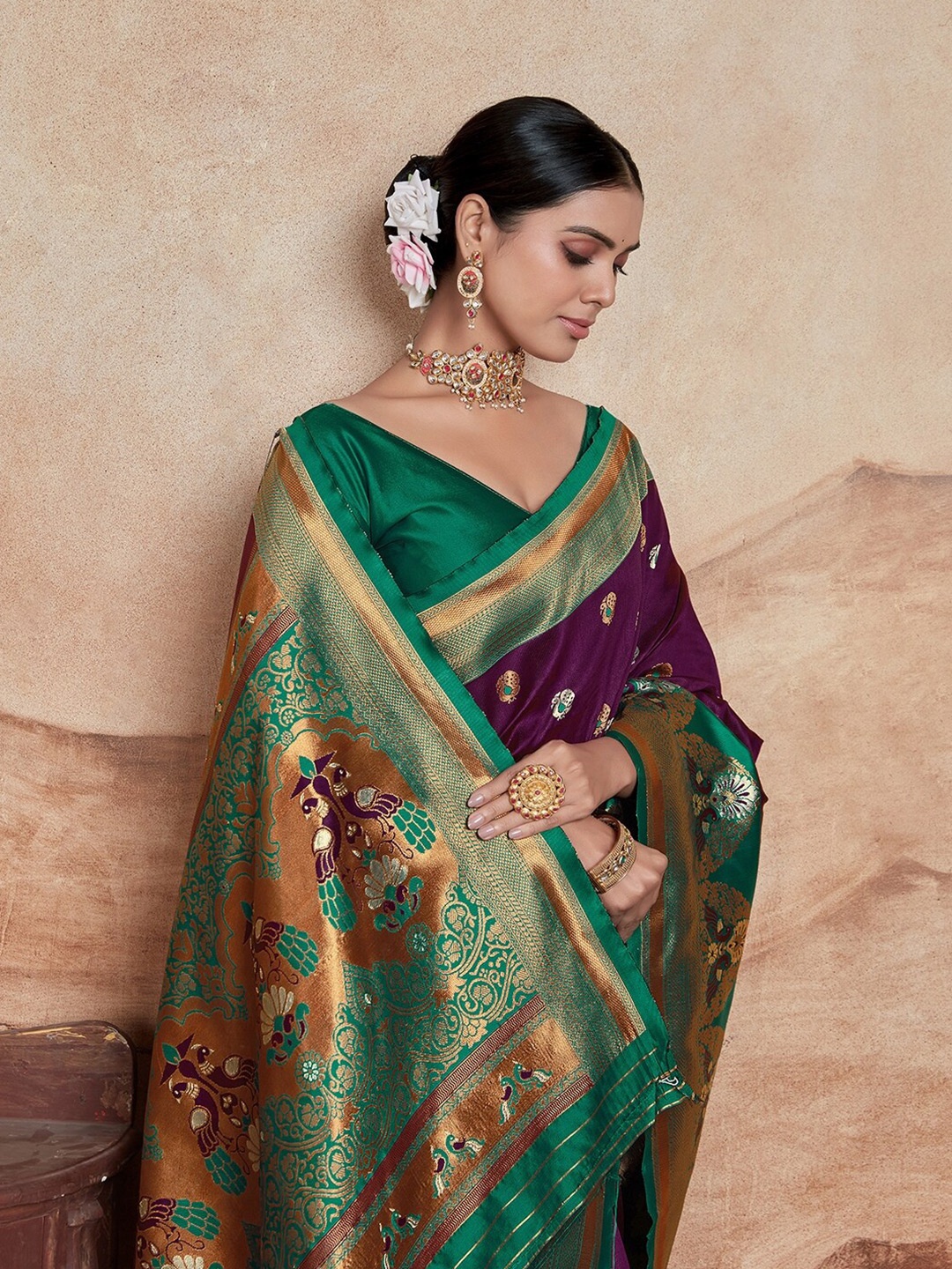 

Mitera Woven Design Zari Silk Blend Paithani Saree With Blouse Piece, Purple
