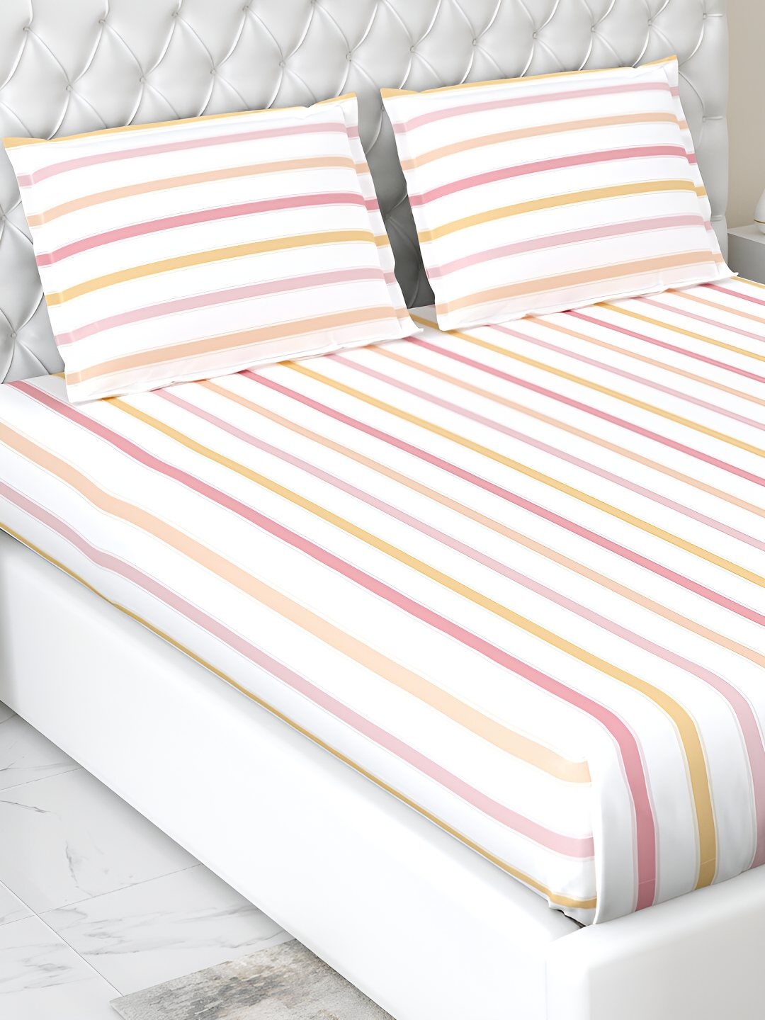 

haus & kinder White Striped 186 TC Fitted Pure Cotton King Bedsheet With 2 Pillow Covers