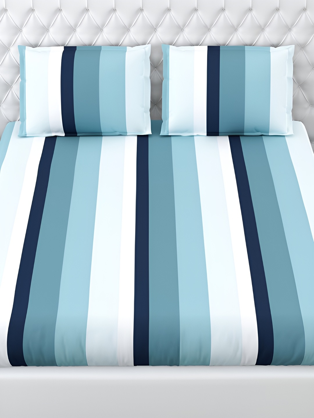 

haus & kinder White & Blue Striped 186 TC Pure Cotton Queen Bedsheet With 2 Pillow Covers