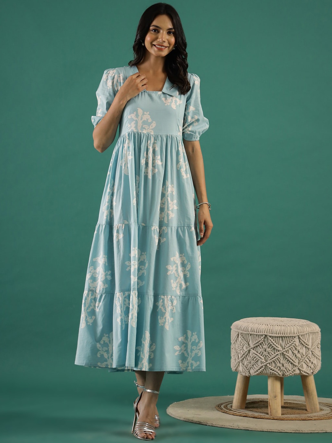 

SANSKRUTIHOMES Floral Printed Gathered Tiered Cotton A-line Midi Ethnic Dress, Blue