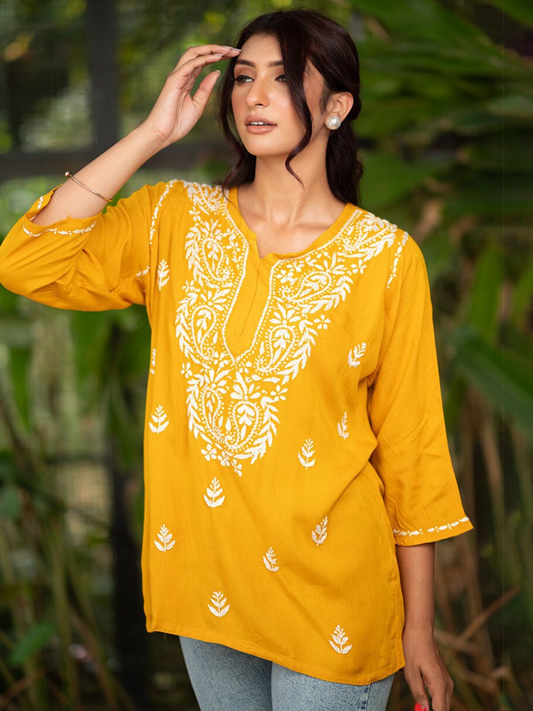 

Rangreza Ethnic Floral Embroidered Kurti, Mustard