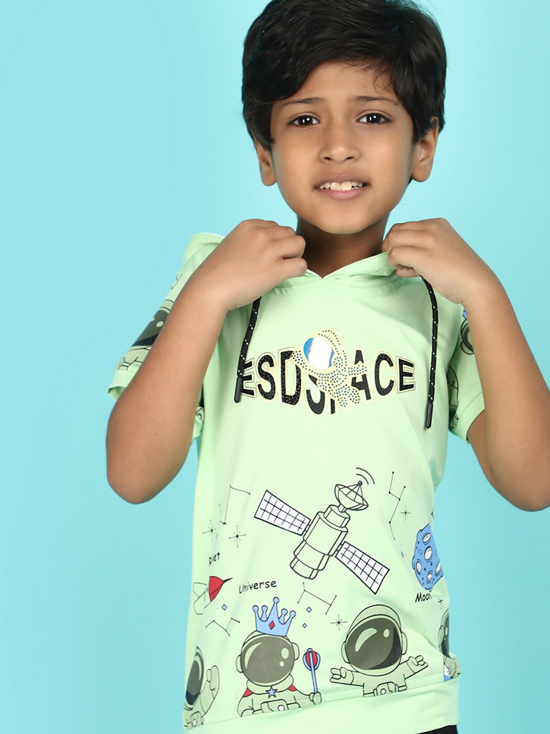 

V-Mart Boys Conversational Printed Short Sleeves Cotton Hooded T-shirt, Green