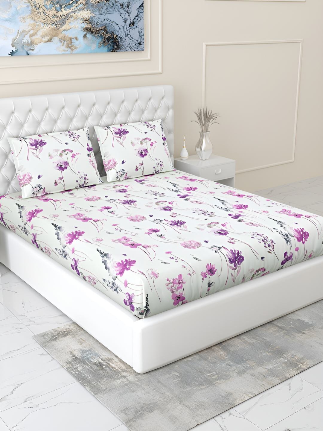 

haus & kinder White & Purple Floral 186 TC Queen Bedsheet with 2 Pillow Covers