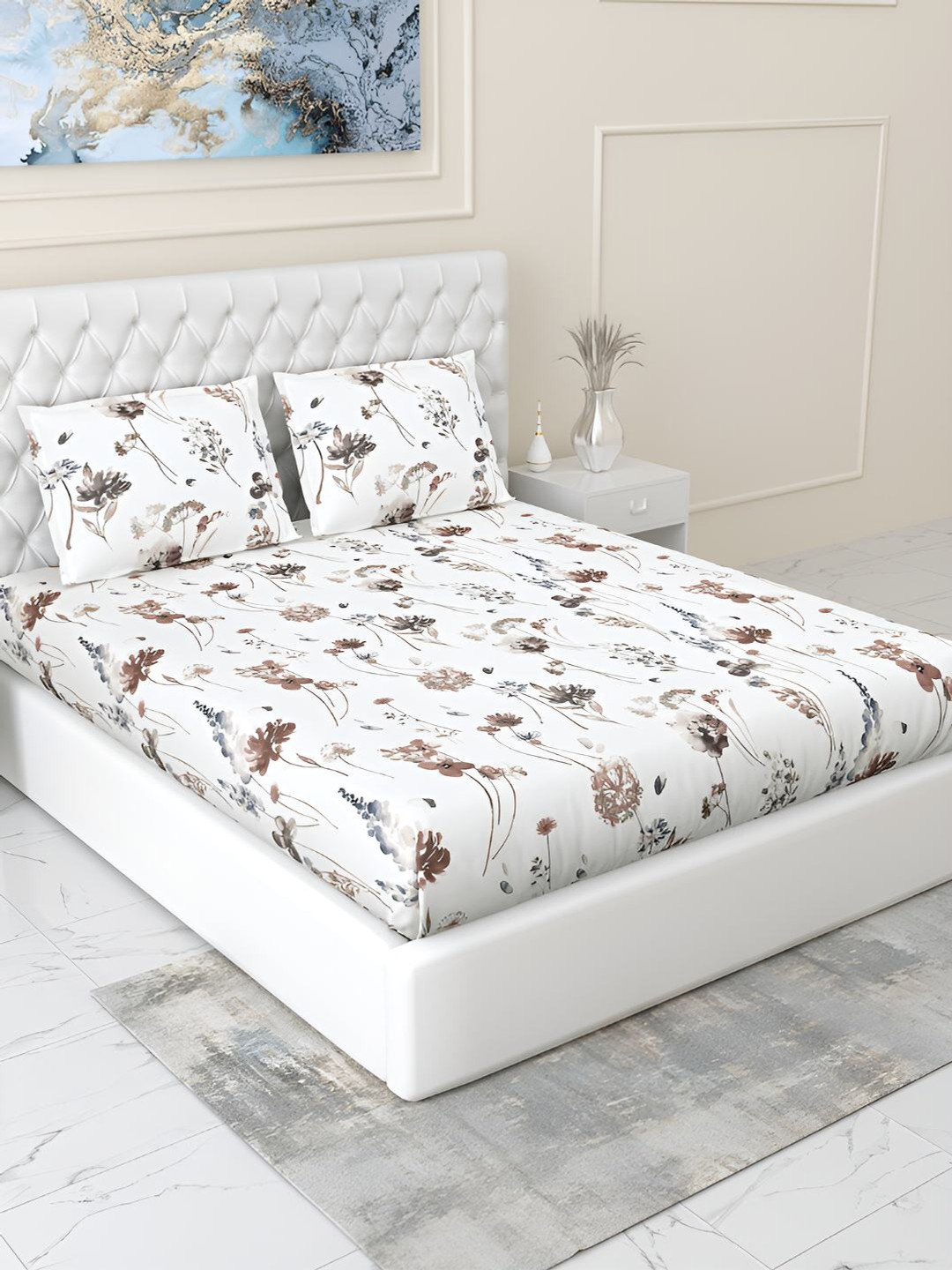 

haus & kinder White & Brown Floral 186 TC Pure Cotton Queen Bedsheet With 2 Pillow Covers