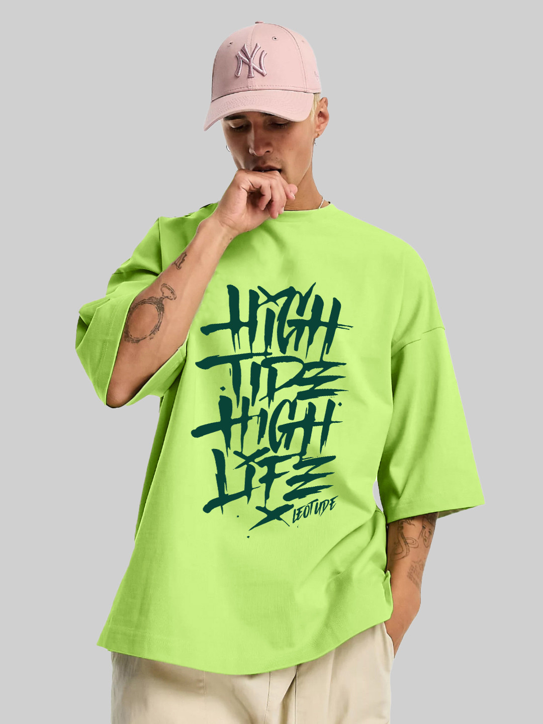 

Leotude Typography Printed Drop-Shoulder Sleeves Oversized Cotton Casual T-shirt, Lime green
