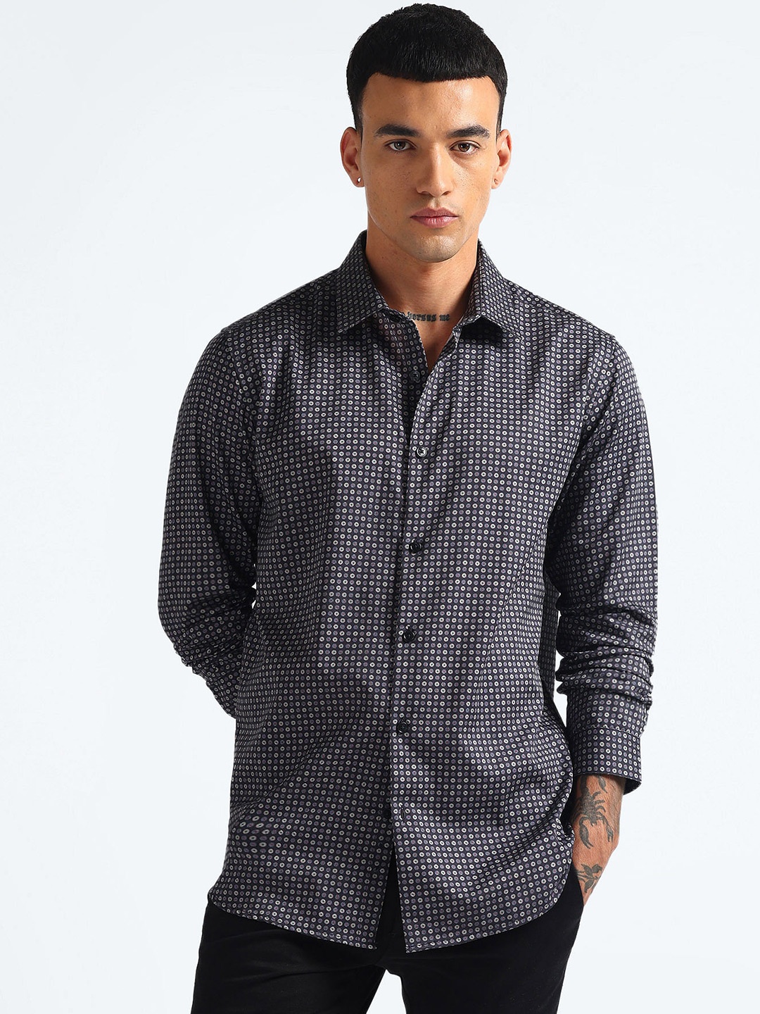 

Flying Machine Micro Ditsy Print Spread Collar Slim Fit Cotton Casual Shirt, Black