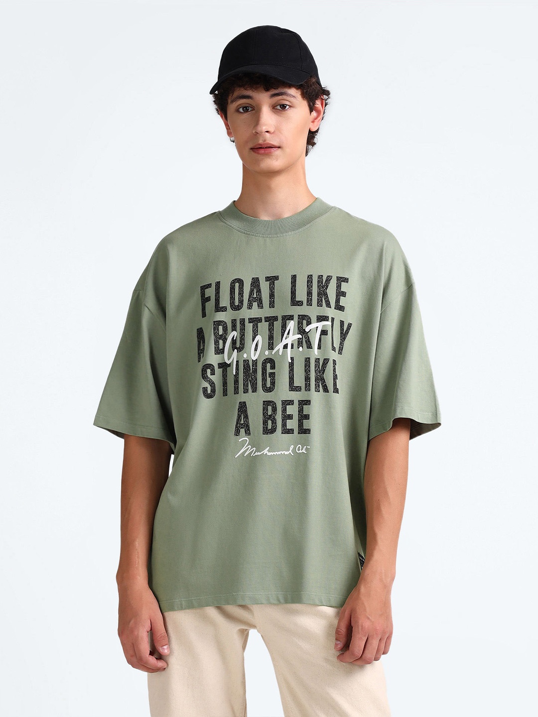 

Flying Machine Typography Printed Round Neck Cotton Oversized T-shirt, Green