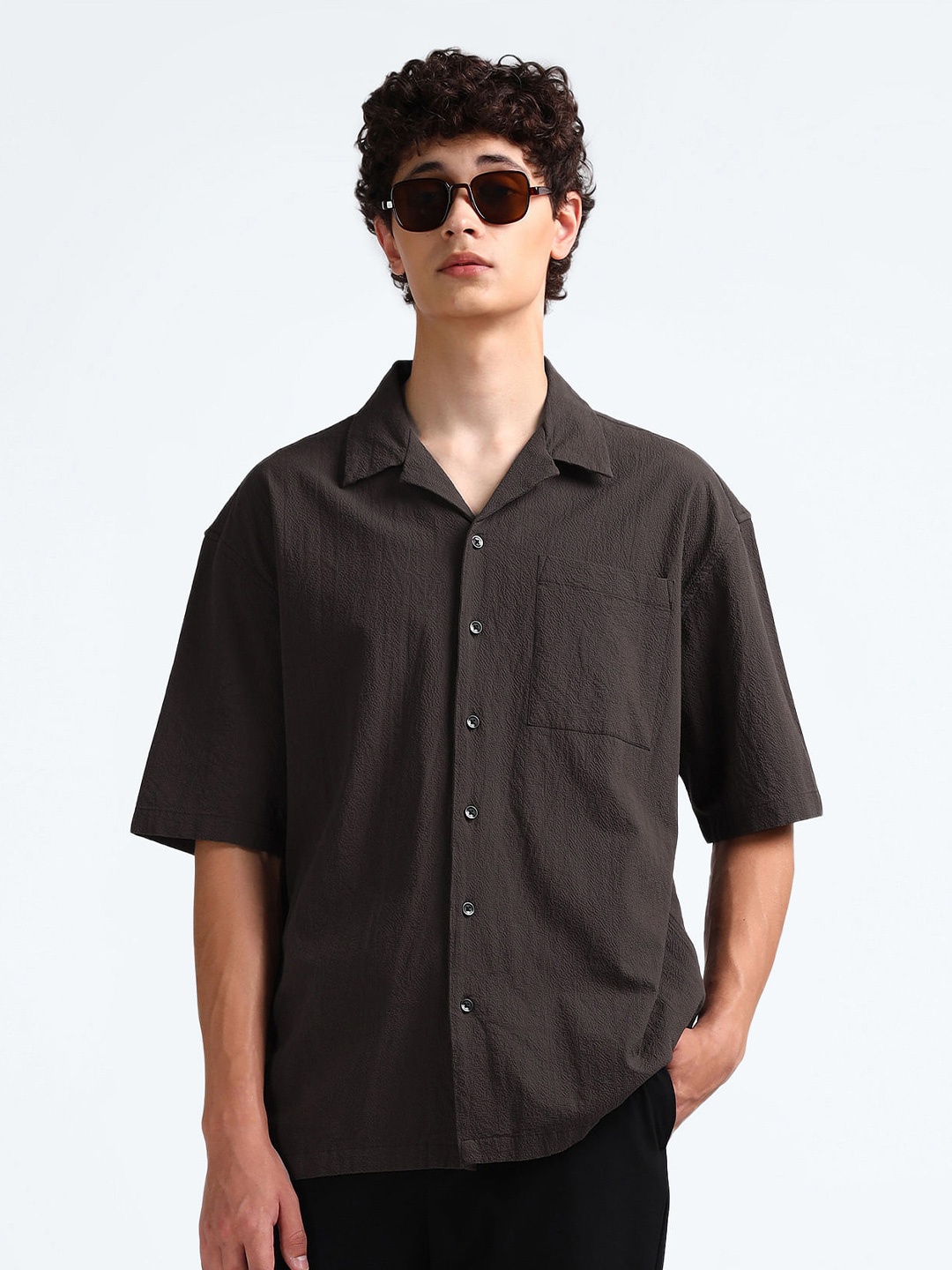 

Flying Machine Textured Self Design Cuban Collar Oversized Casual Shirt, Brown