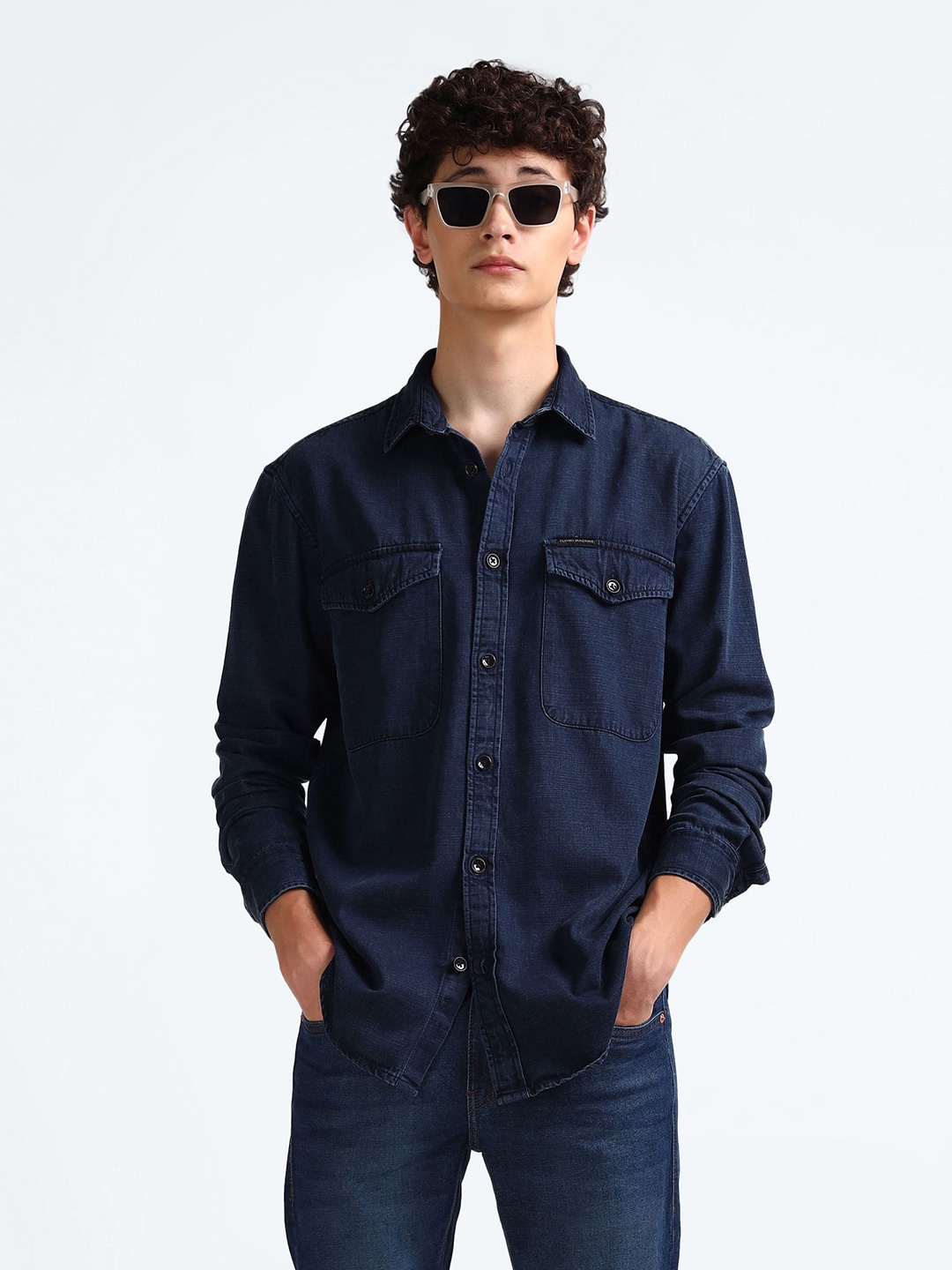 

Flying Machine Spread Collar Slim Fit Chambray Cotton Casual Shirt, Blue