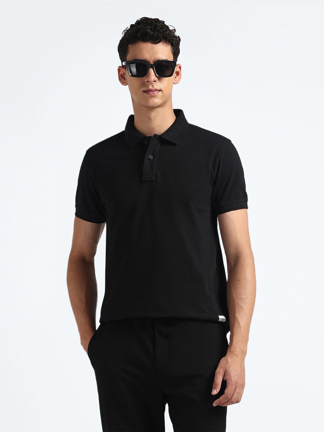 

Flying Machine Polo Collar Ribbed Cotton T-shirt, Black