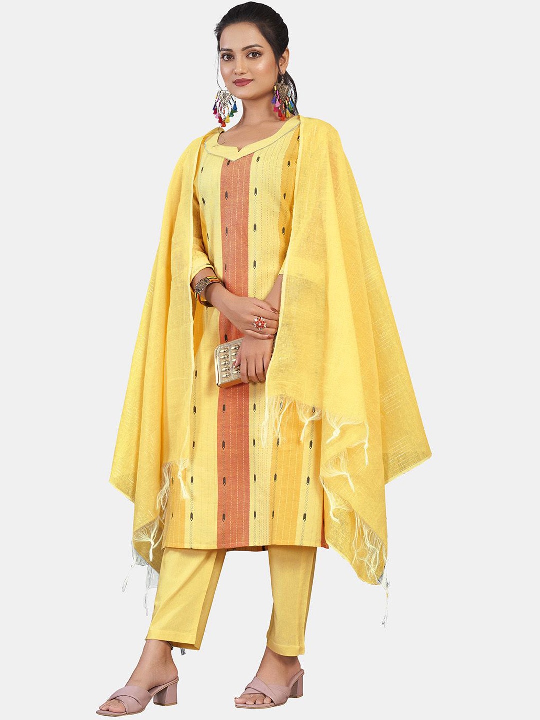 

GRANTH FASHION Striped Regular Pure Cotton Straight Kurta With Salwar & Dupatta, Yellow