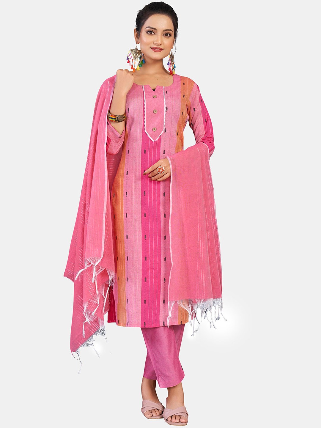 

GRANTH FASHION Notched Neck Striped Pure Cotton Straight Kurta with Trouser & Dupatta, Pink