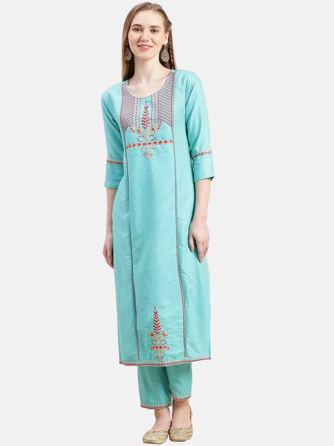 

GRANTH FASHION Embroidered Regular Pure Cotton Straight Kurta With Trousers, Blue