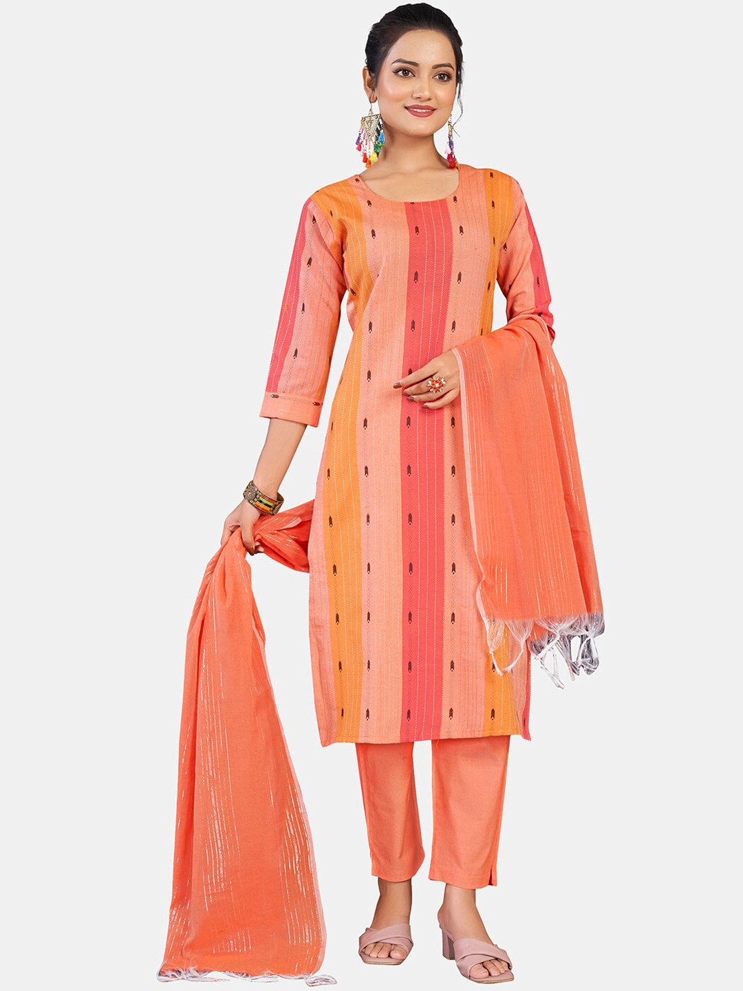 

GRANTH FASHION Striped Regular Pure Cotton Straight Kurta With Salwar & Dupatta, Orange