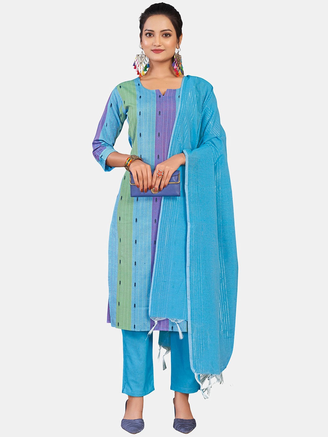 

GRANTH FASHION Notched Neck Striped Pure Cotton Straight Kurta with Trouser & Dupatta, Blue