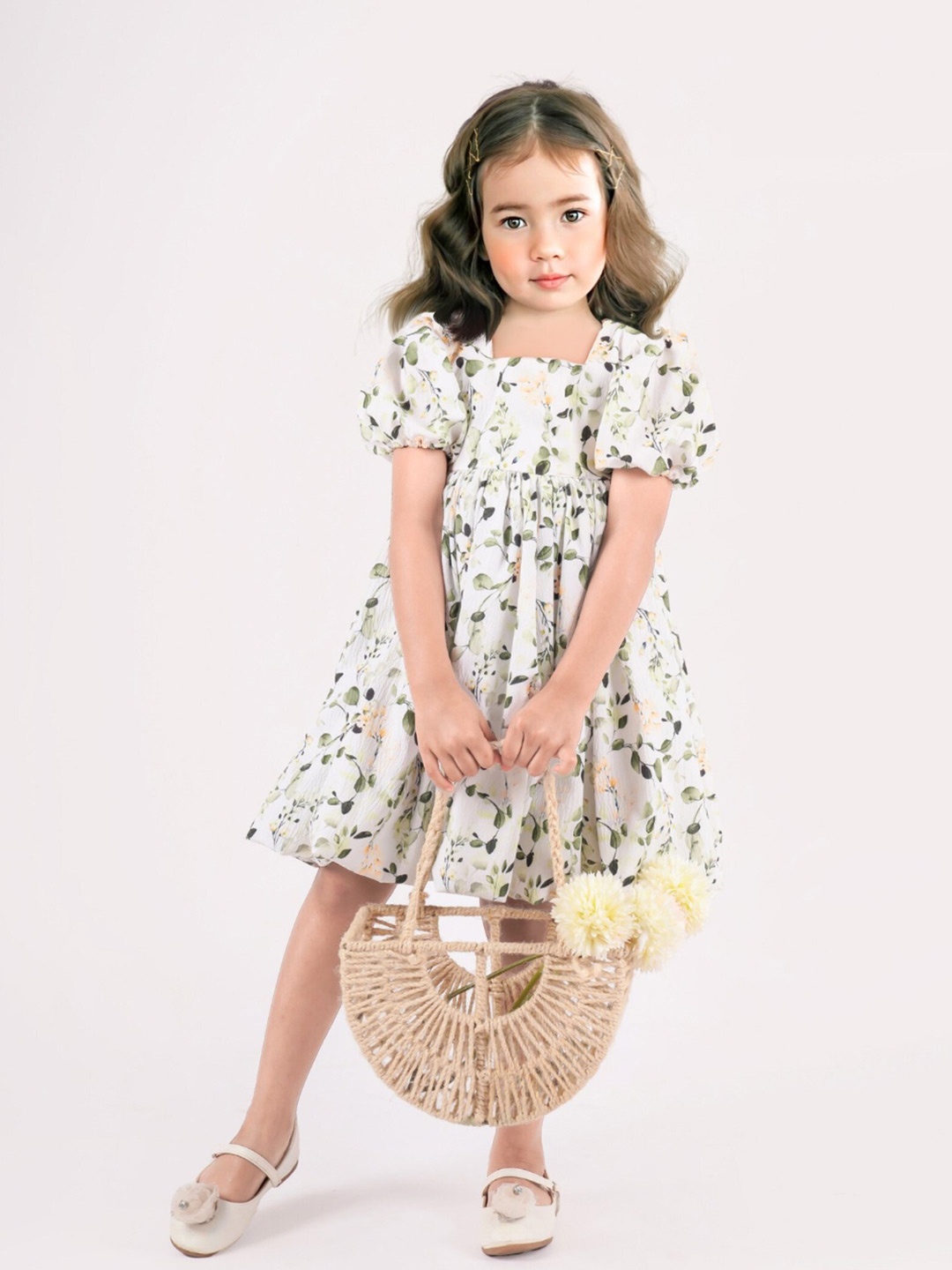 

Safehugs Girls Floral Printed Puff Sleeves Gathered Fit & Flare Dress, White